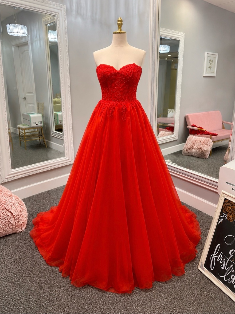 Red Strapless prom dress